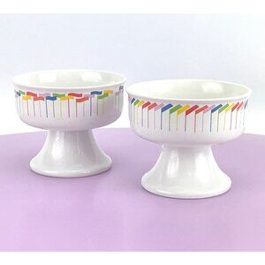 Vintage 80s dessert cups, Korea ceramic footed bowls, primary colors flags, pair